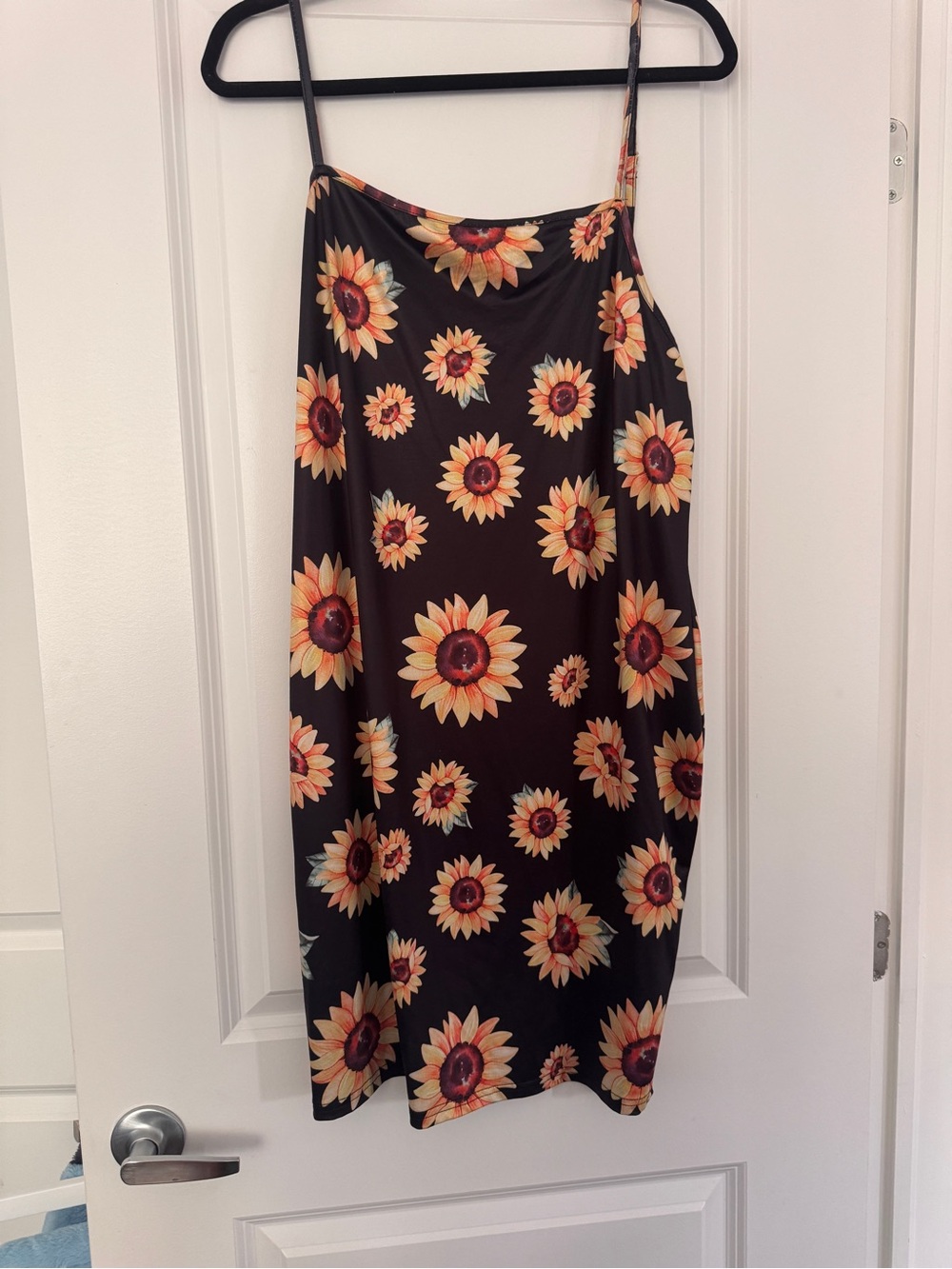 Sunflower Print Black Slip Dress
